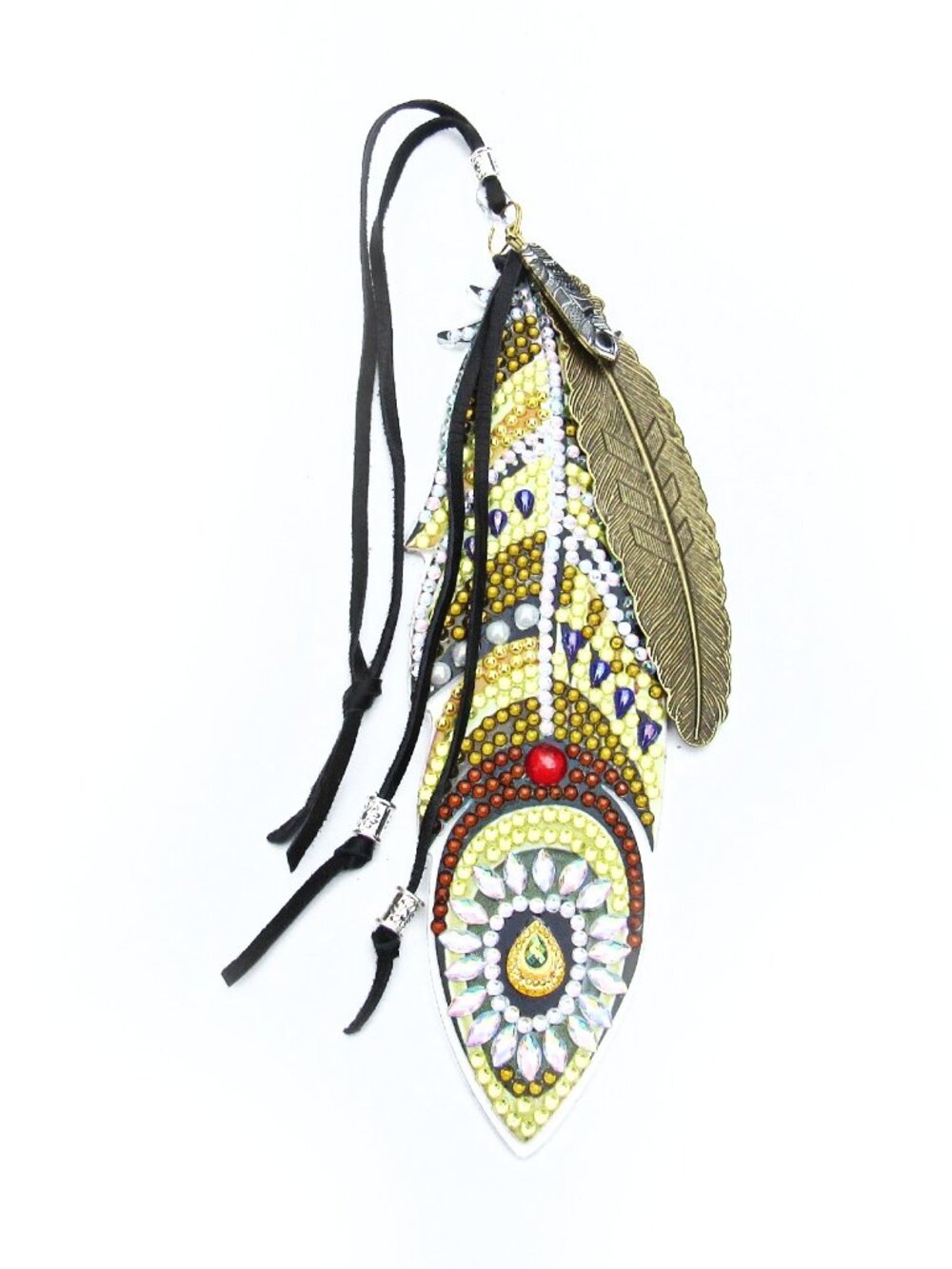 Yellow Crystal Hand Embellished Feather Wall Hanging, Decoration 14 Inches